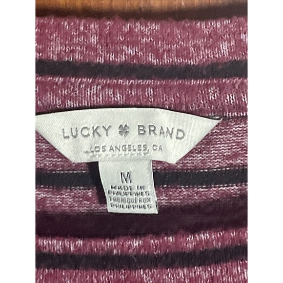 Lucky Brand Striped Long Sleeve Tee Size M Burgoundy Black Scoop Neck - Picture 4 of 6